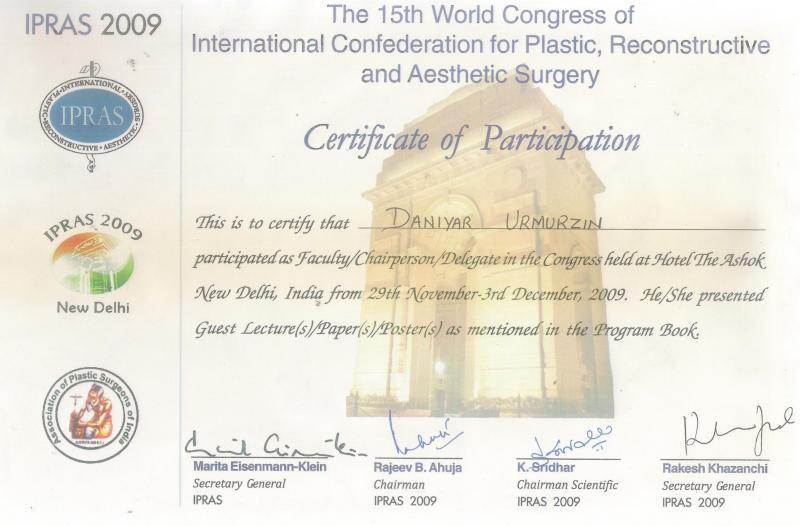 15th World Congress of International Confederation for Plastic, Reconstruction and Aesthetic Surgery. New-Delhi, 2009.