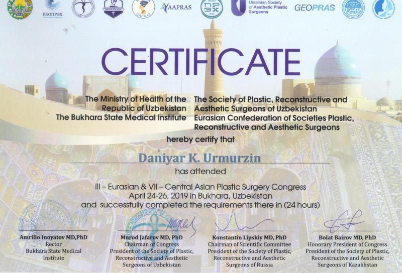 III-Eurasian and VII-Central Asian Plastic Surgery Congress. Bukhara, 2019.